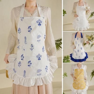 Damen Küchenschürze mit Taschen und Kapuze, floral bestickte Baumwollschürze, leicht, atmungsaktiv, Kochschürze, Vintage Spitzenrüschen-Stil
