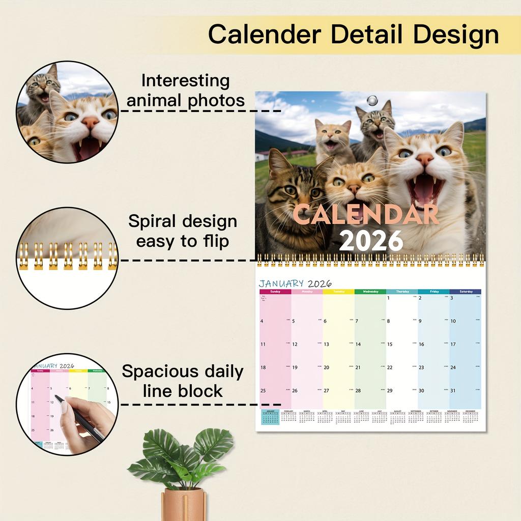 2026 Wall Calendar - Durable Paper January To December Yearly Desktop Funny Calendar Perfect Gift for Cat Lovers