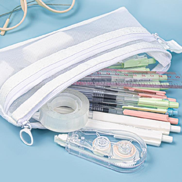 High Capacity Pen Bag Clear Mesh Pencil Case Double Layered Pen Organizers Art Supplies Organizers Travel Cosmetic Bag