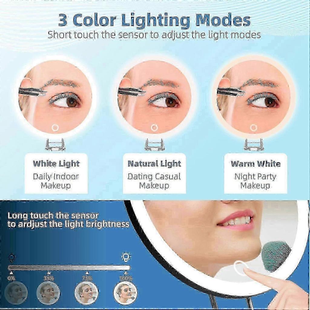 30x Magnifying Mirror With Light, 15cm 3 Color Modes Dimming, With 3 Suction Cups And 360 Table Stand