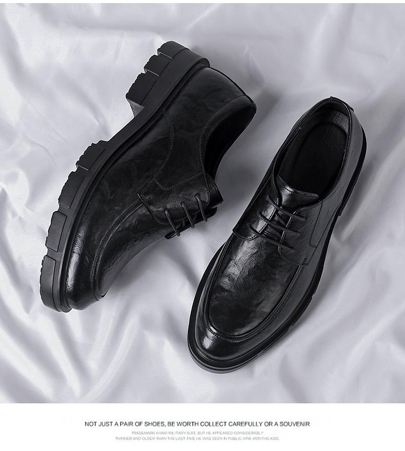 Men's Casual Leather Shoes with 10CM Height Boost, Thick Soles, and Textured Finish.