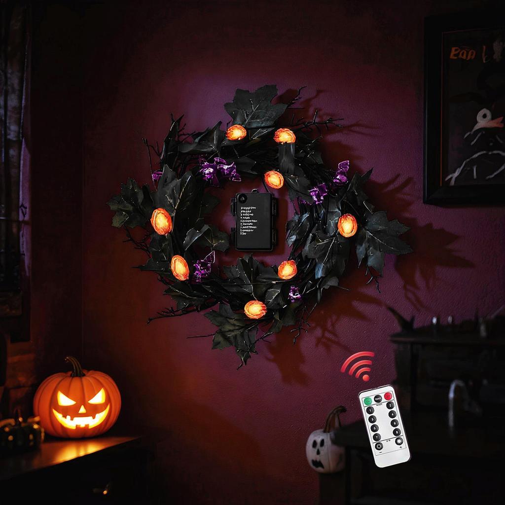 LED Halloween Garland with Orange Pumpkin Willow Vine Twig Bat Lights 8-Modes Battery Operated Waterproof Decorations for Indoor