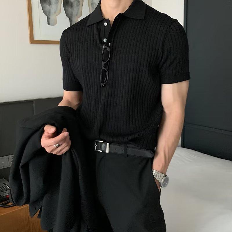 Men's Summer Collar Solid Color Casual Thin Knitted Top Men's Fashionable Slim Fit Short Sleeved Shirt