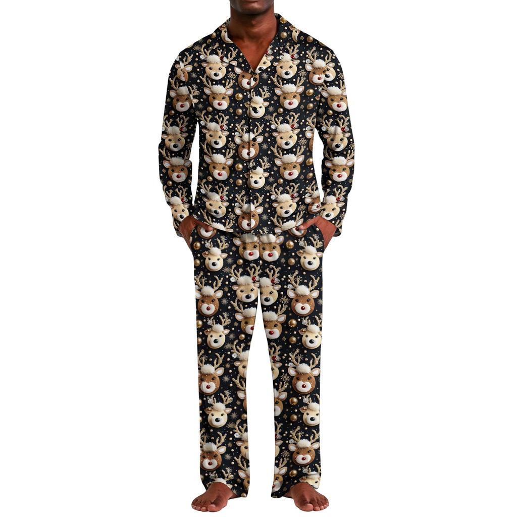 Men's Loose Fit Christmas Print Pajama Set with Button Down Top and Straight Leg Pants - Two Piece Holiday Sleepwear