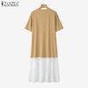 ZANZEA Women Casual Round Neck Short Sleeve Lace Splice Long Dress