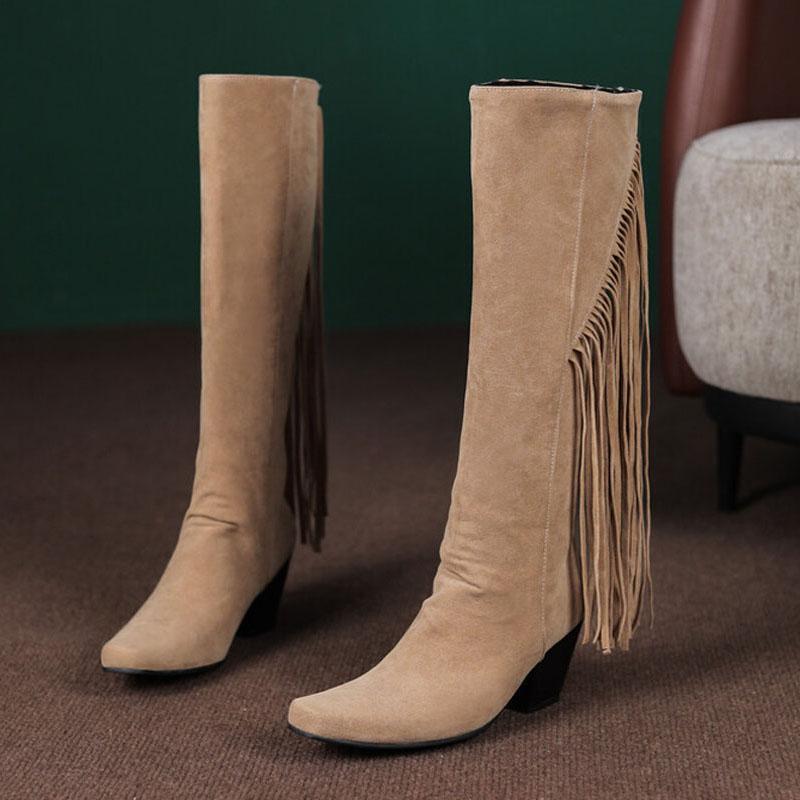 Fashion Fringed Tassels Knee High Boots Winter Women Suede Thick Heels Boots Square Toe Shoes for Women Botas Mujer WSH4710