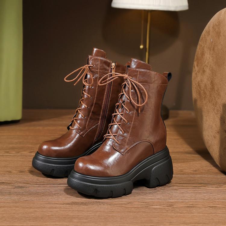 

11,5 см кожаные мартинсы на толстой подошве для женской коллекции осень-зима 2025, новые, с небольшим внутренним увеличением высоты, шнуровкой спереди, на танкетке, короткие ботинки 39