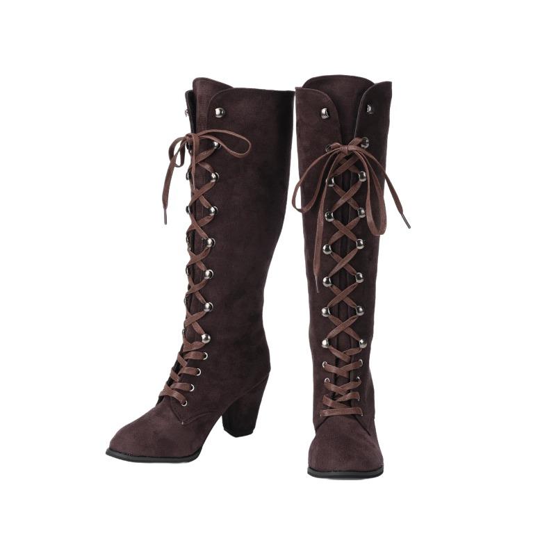 Stivali da Donna Medievali Vittoriani Al Ginocchio in Pelle Scamosciata Gotica con Tacco Chunky e Lacci Scarpe a Mezza Gamba Costume Cosplay