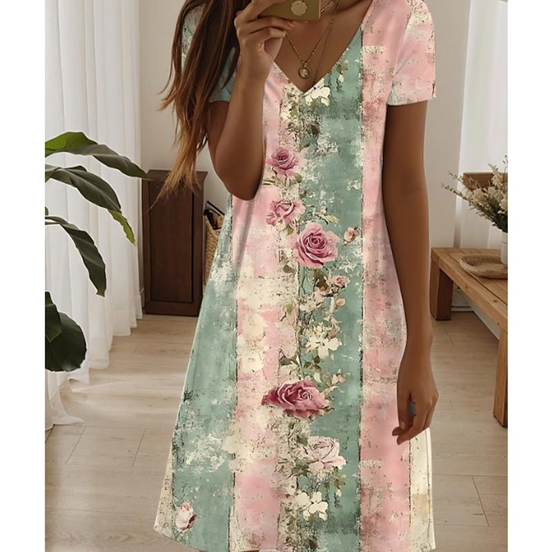 Sommermote Dame V-hals Kort Erme Retro Blomsterprint Kjole Sex Korte Skjørt Kjoler