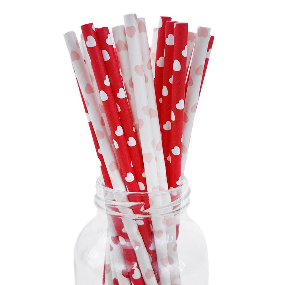 100pcs 3 Colors Disposable Paper Straw Multipurpose Heart Print Beverage Straw Environment Protection Paper Pipette Cafe