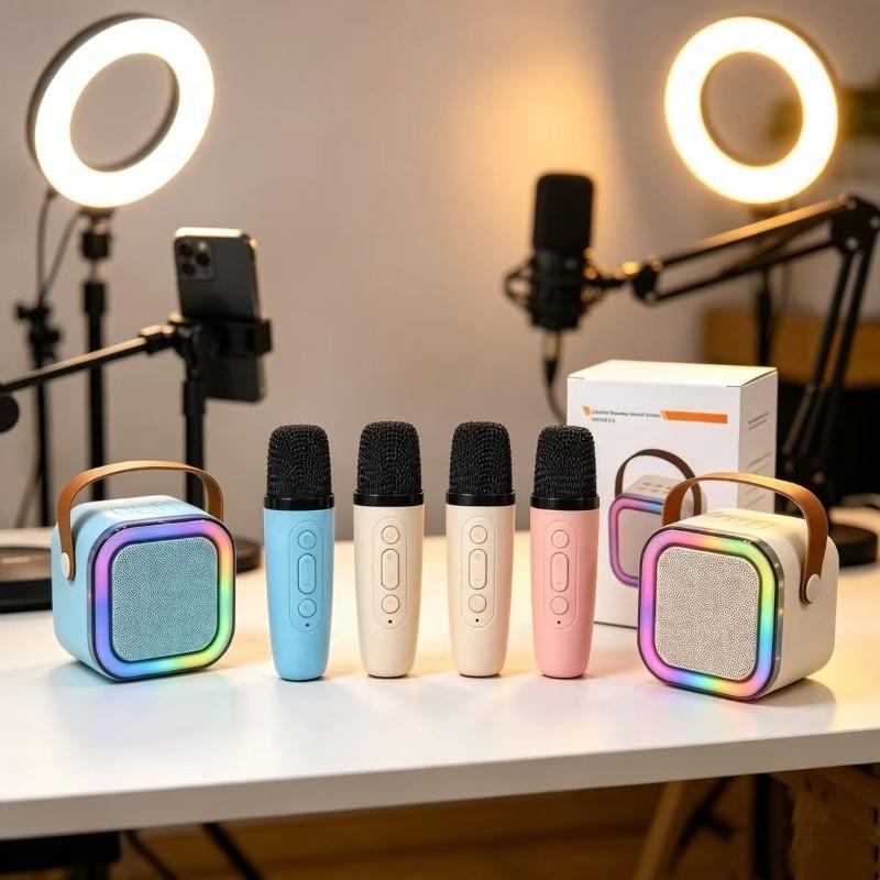 Portable Bluetooth Karaoke Speaker With 2 Wireless Microphone Rgb Color Light Home Ktv Audio Player For Party Family Gathering
