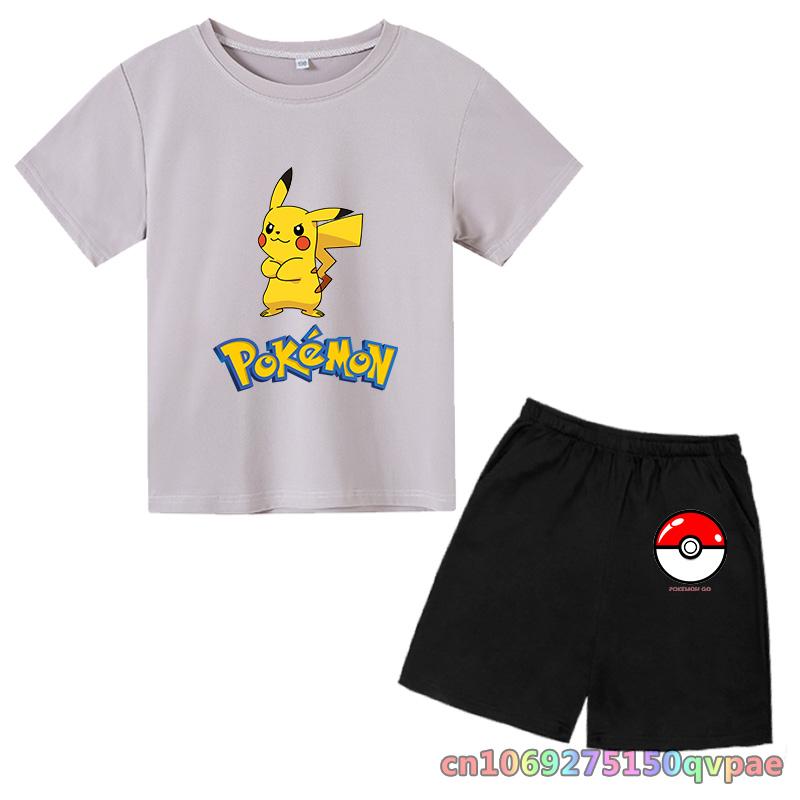 Children's Clothes Cartoon Summer Kids Animal Pokemon T-shirt Set Boys' Clothing  Leisure Cotton Pikachu Print Short Sleeve