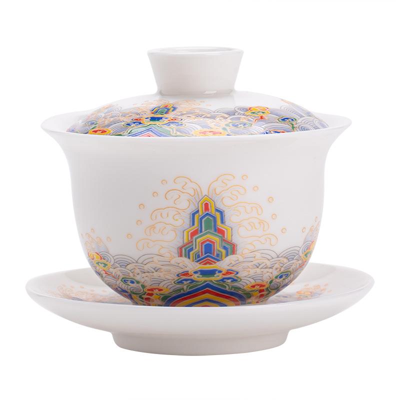 Suet jade wisteria flower three talents cover bowl teacup high-end three-piece set Ru kiln tea making Kung Fu tea set tea bowl can be hovering