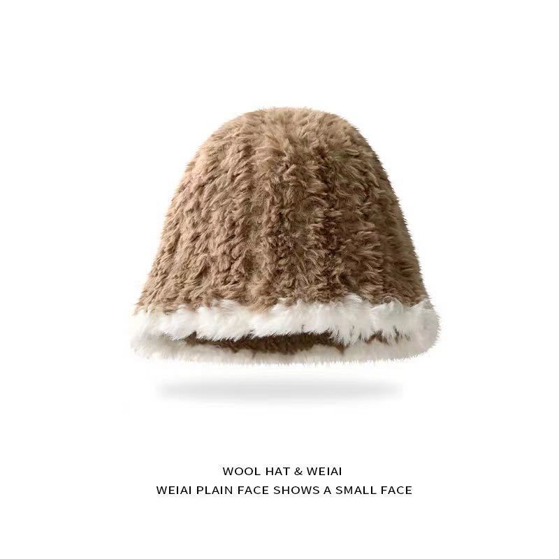 New autumn and winter hats popular bucket hats knitted hats plush thread hats versatile cute face small bucket hats