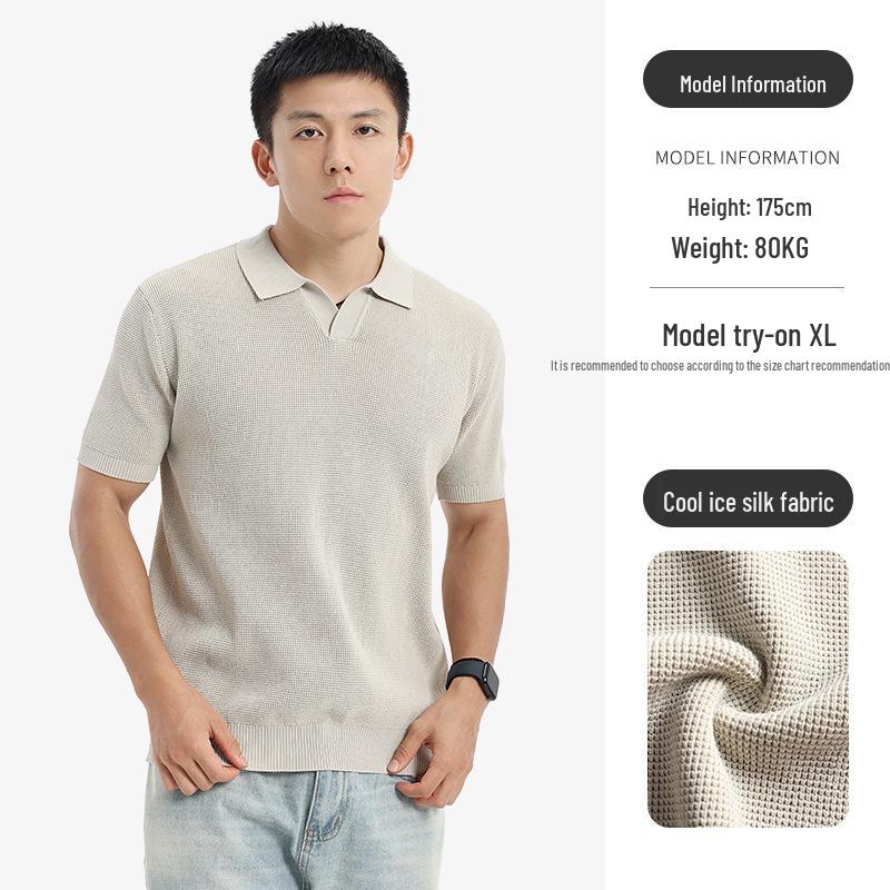 Men s Old Money Style Textured Polo Shirt - American Seagull Collar, Casual Short Sleeve Knitwear M абрикосовый