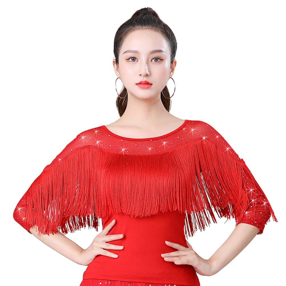 

Модний топ з китицями для латиноамериканських танців Блискучий сучасний топ для самби Танцювальний одяг Аксесуари для танців Вечірні сукні Танці L-2 червоний