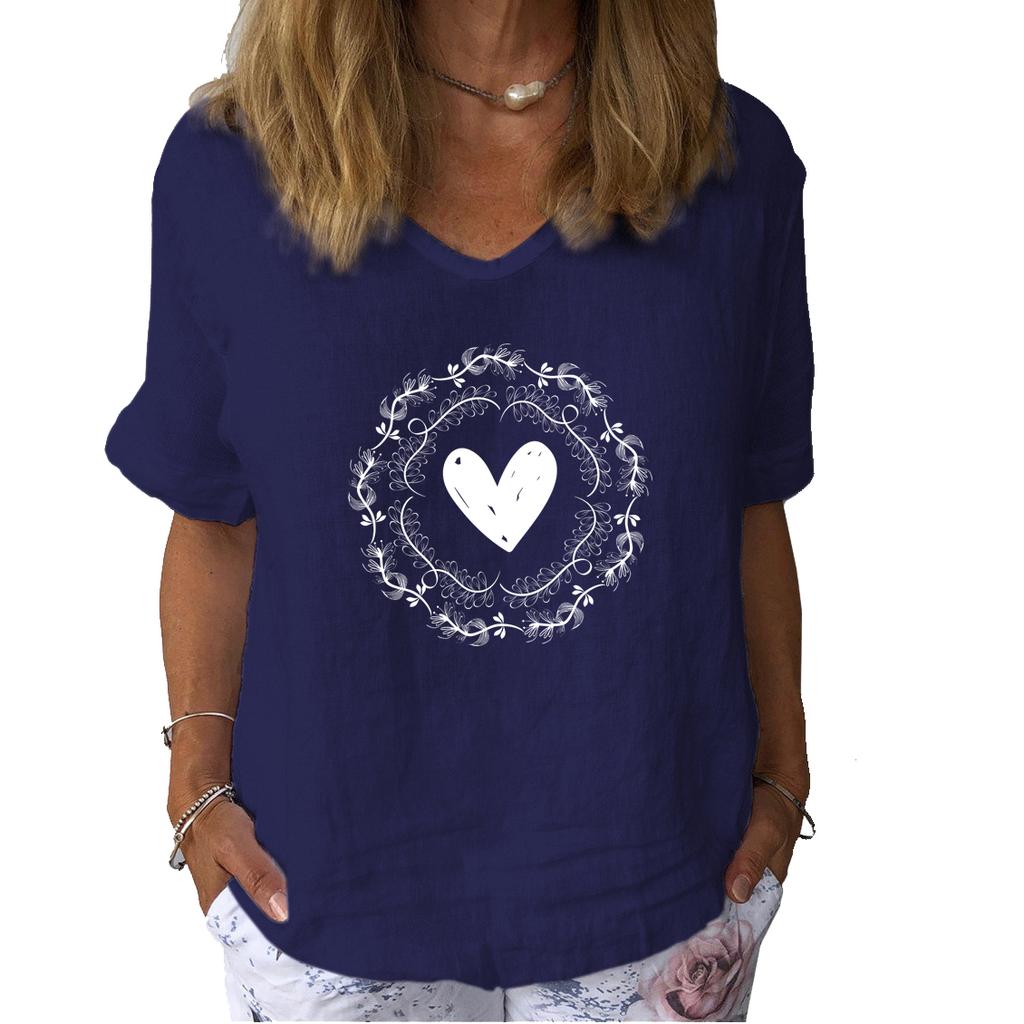 Women Fashion Print Short Sleeved T-shirt Summer Casual Linen Thin Top Ladies Pullover Blouse