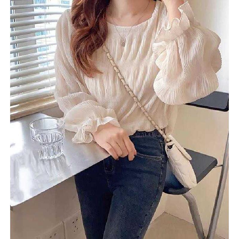 2026 Spring and Autumn New Pleated Chiffon Blouse, Loose and Versatile, Long Sleeve Women's Casual Round Neck Top