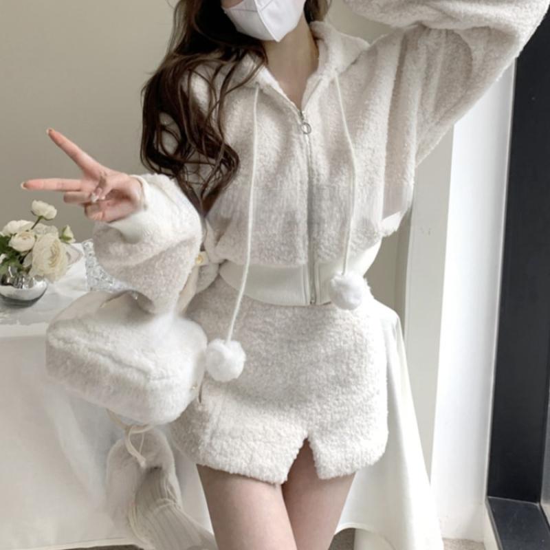 Elegant Solid Two-piece Skirt Sets Women Zipper Hoodies Jacket + Split Mini Skirt Autumn Winter Sexy Korean Style Outfits New