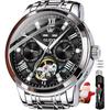 OLEVS Watch Men Mechanical Automatic Manual Winding Perpetual Calendar Skeleton Metal Band Retro Stylish Mens Luminous Waterproof Black