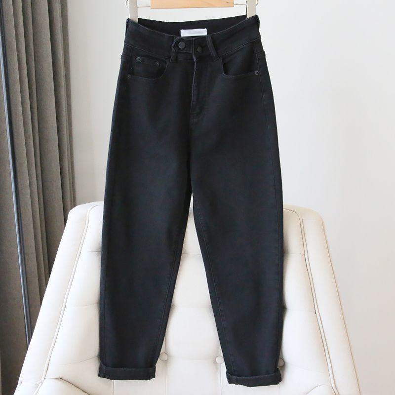 

Женские джинсы-гаремы с высокой посадкой, черные, на флисовой подкладке, стрейч - Стройнящие, больших размеров, готовы к зиме 4XL (for 165-180 jin)