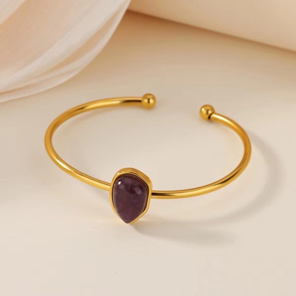 Gold-plated Oval Stone Bracelet Stainless Steel Cuff Bracelet Vintage Open Bangle  Women Jewelry