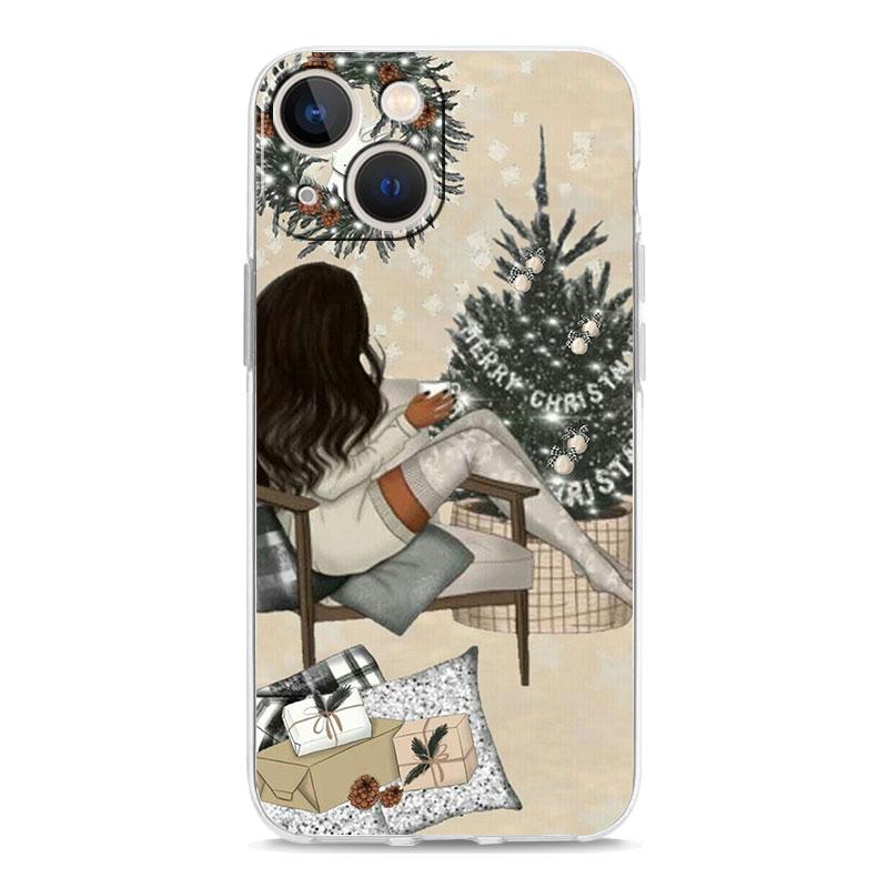 Christmas Art Girls Coffee Transparent Phone Case For iPhone 15 14 13 12 11 Pro Max XS X XR SE 7 8 Plus TPU Lens Protect Cover