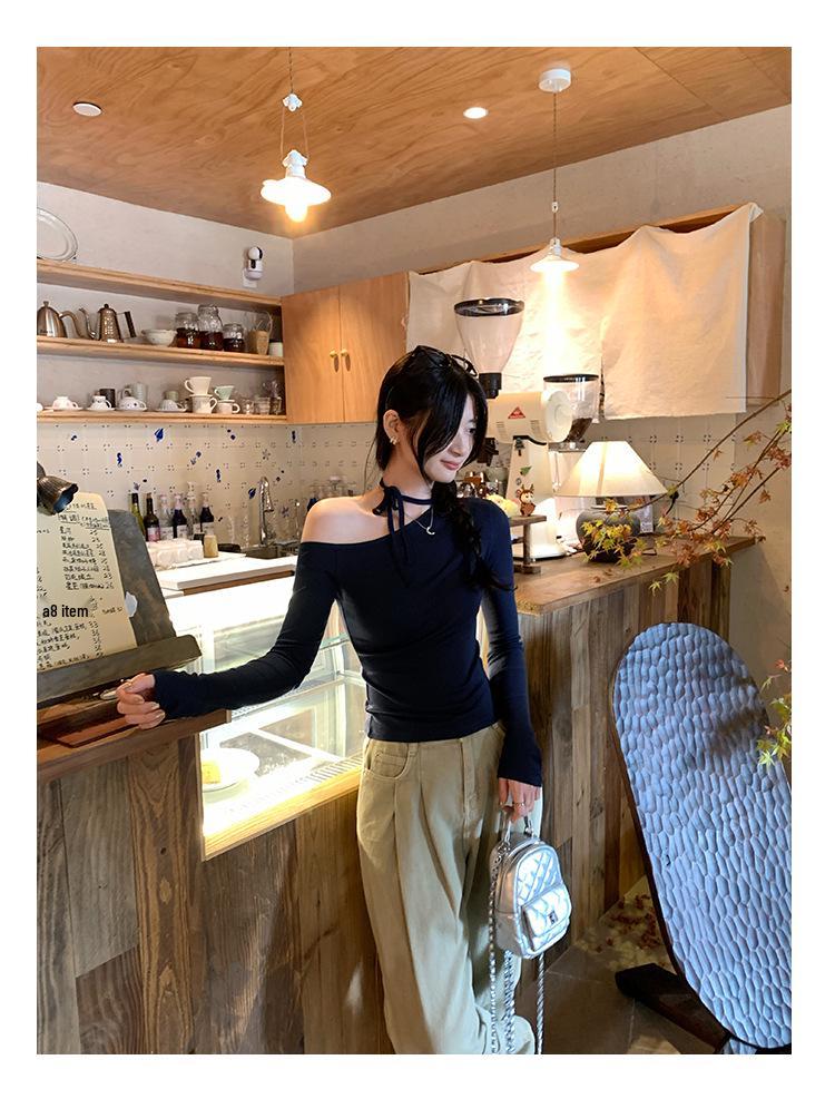 Petite Korean Halter Neck Off-Shoulder Long Sleeve Women's Shirt, Autumn Winter 2025 Collection