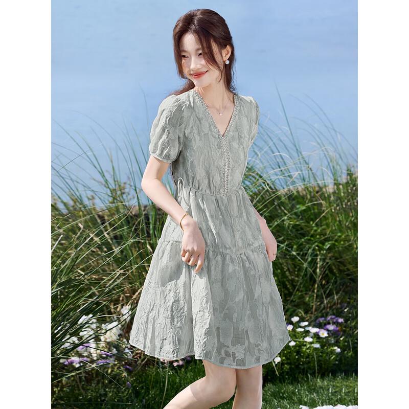 French Chic Drawstring V-Neck A-Line Summer Dress S