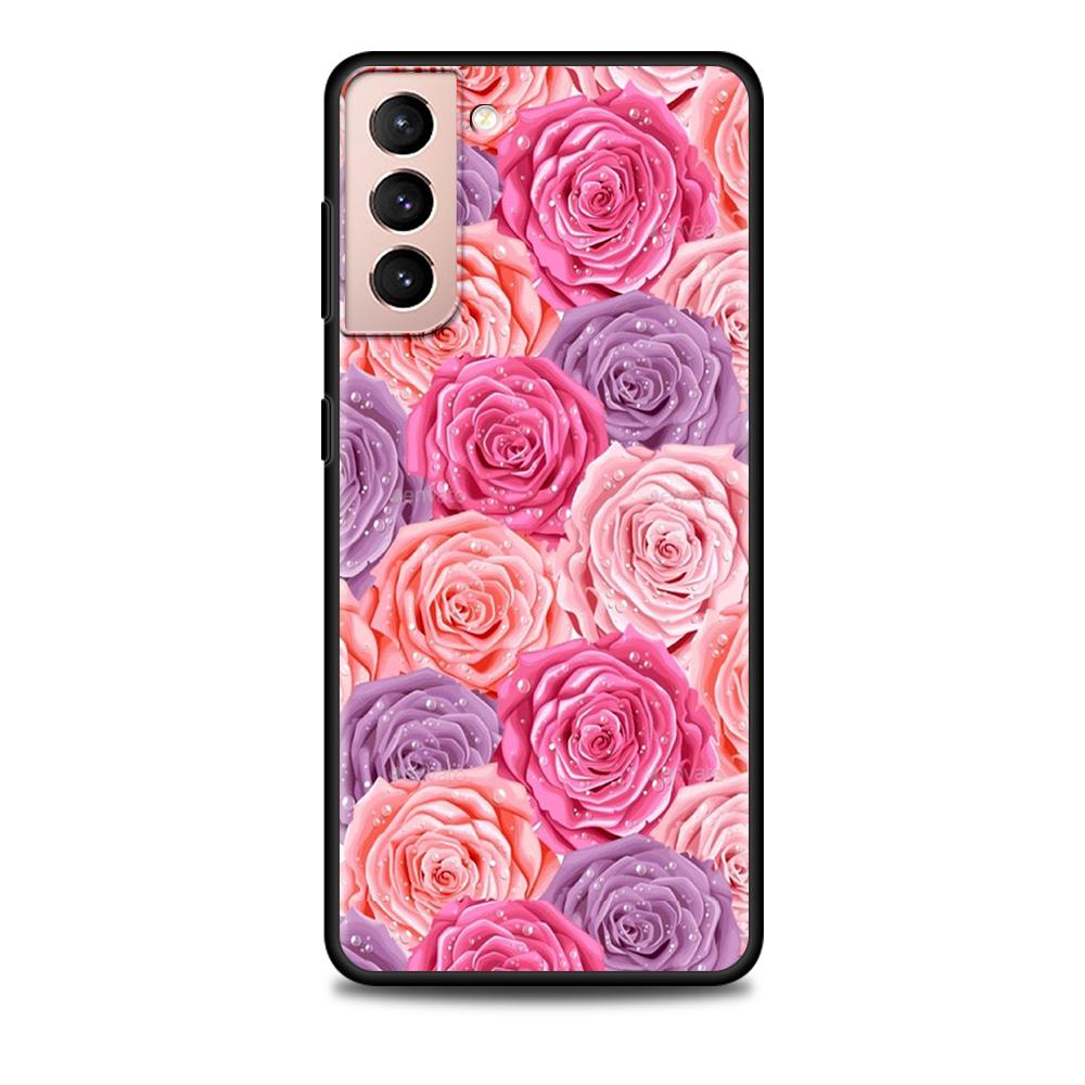Pink Rose Bling Print Case for Samsung Galaxy S20 FE S21 S22 Ultra S10 Plus S9 S8 S10e S7 Edge Silicone Black Soft Phone Cover