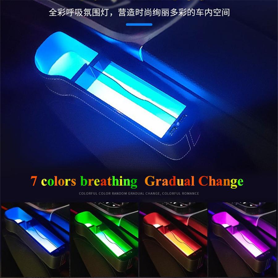 Left Side Car Seat Crevice Gap Storage Box Cup Holder 2 USB Colorful LED Light