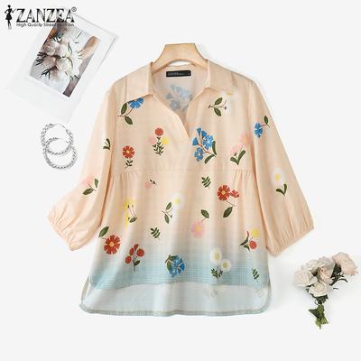 Women Casual Turn Down Collar Loose 3/4 Sleeve Print Blouse