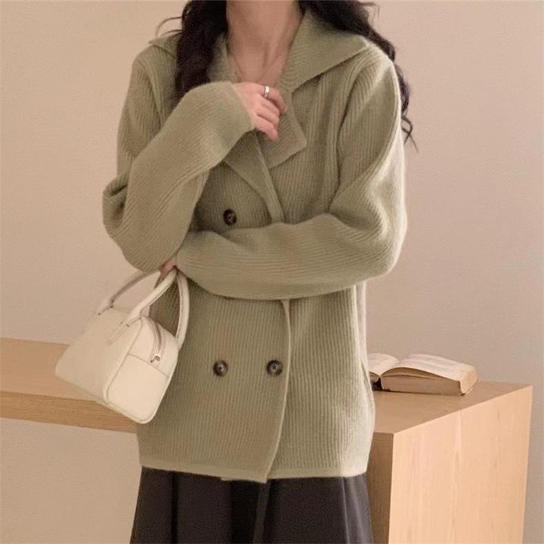 Autumn and winter new suit collar double-breasted lazy wind knitted cardigan high-end sweater jacket women's top trend