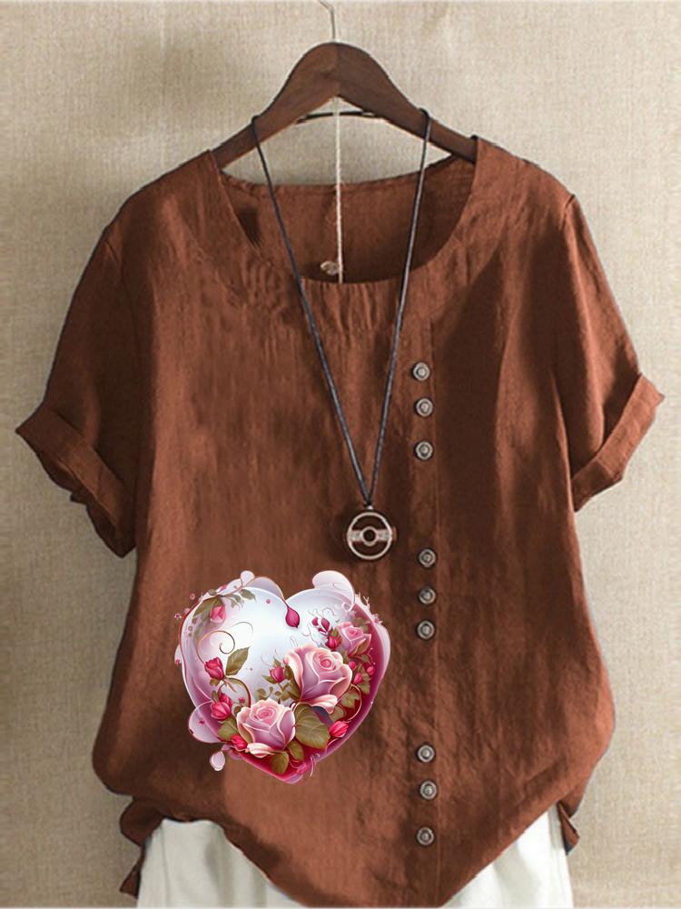 Women's Fashion Love Shaped Pattern Print Shot Sleeve T-shirt Loose Cotton Shirt Casual Loose Summer Plus Size Blouse Tops