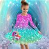 Mädchen Freizeitkleid mit 3D-Einhorn-Print, Rundhalsausschnitt, lange Ärmel, Kinder Prinzessinenkleid