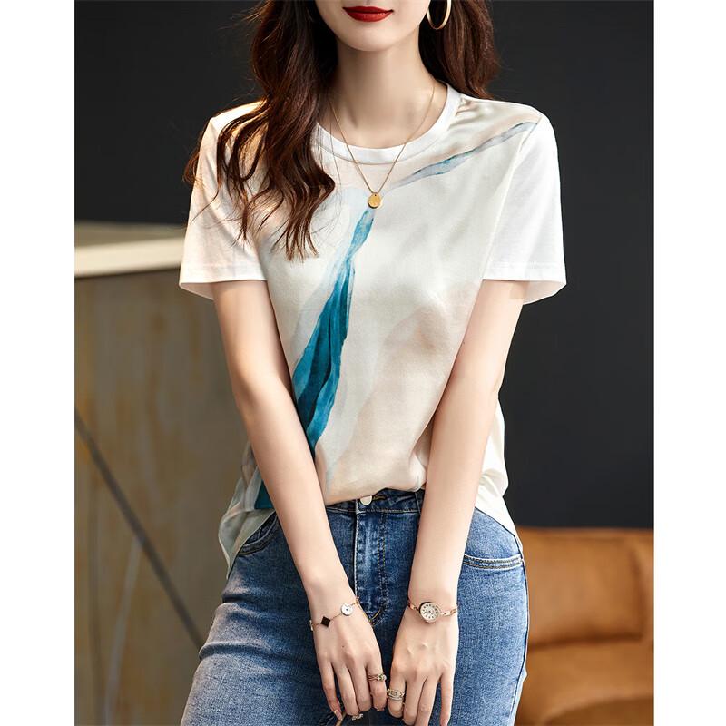 Demana Women s Spliced Mulberry Silk T-Shirt with Random Print M