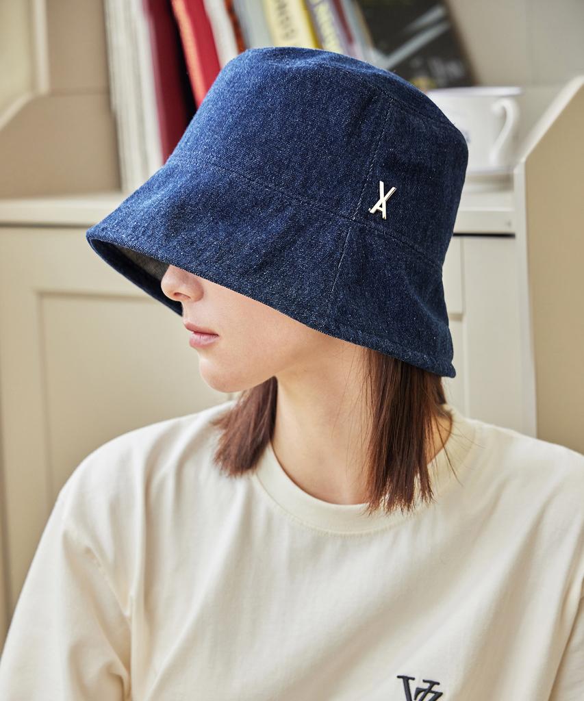 Bajal Va Studded Non-Washed Denim Drop Bucket Hat Indigo