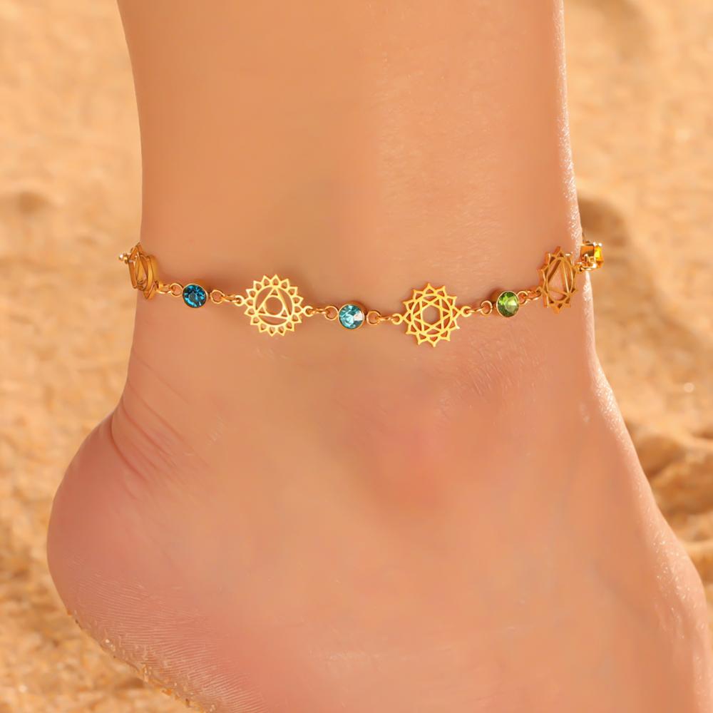 7 Chakra Colorful Zircon Anklet Women Stainless Steel Gold Leg Ankle Bracelet Amulet Meditation Yoga Jewelry Gift
