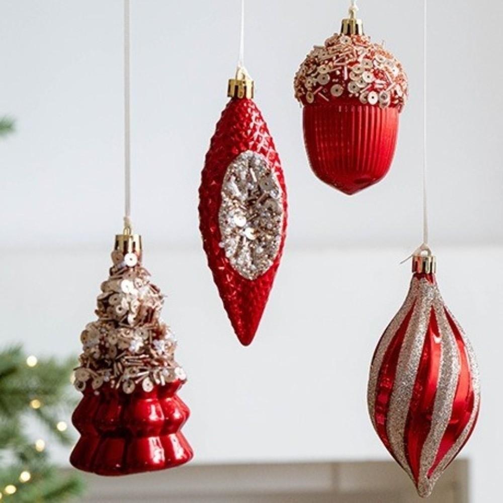 Red Christmas Tree Pendants Plastic Acorn Christmas Hanging Balls DIY Crafts Shatterproof Glitter Little Bear Ornaments
