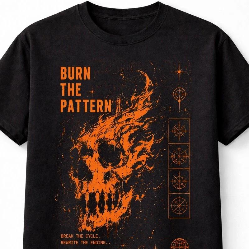 Burn The Pattern Flaming Skull Gothic Y2K Grunge Unisex TShirt S