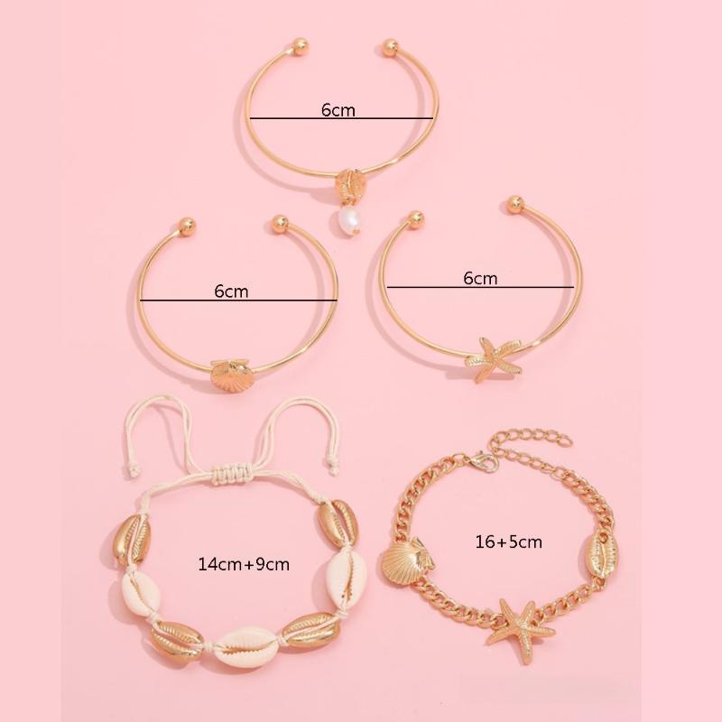 5Pcs Boho Summer Stackable Bangles Luxury Gold Color Starfish Shell Open Bangle Bracelet Set For Women Girls Beach Party Jewelry