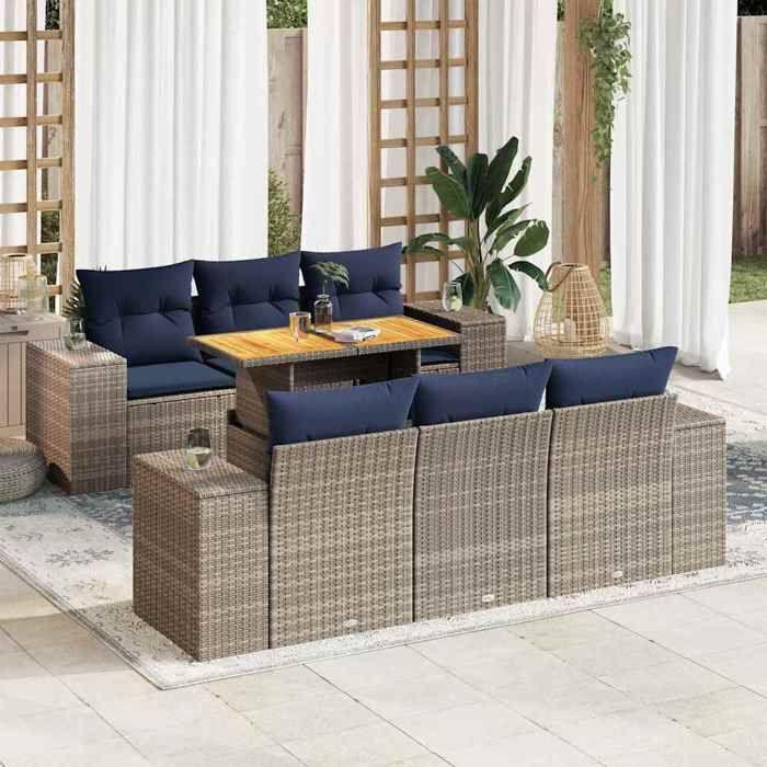 VidaXL Salon de jardin avec coussins 7 pcs gris résine tressée, ensemble de canapés d'extérieur, ensemble de canapé d'angle 3327337