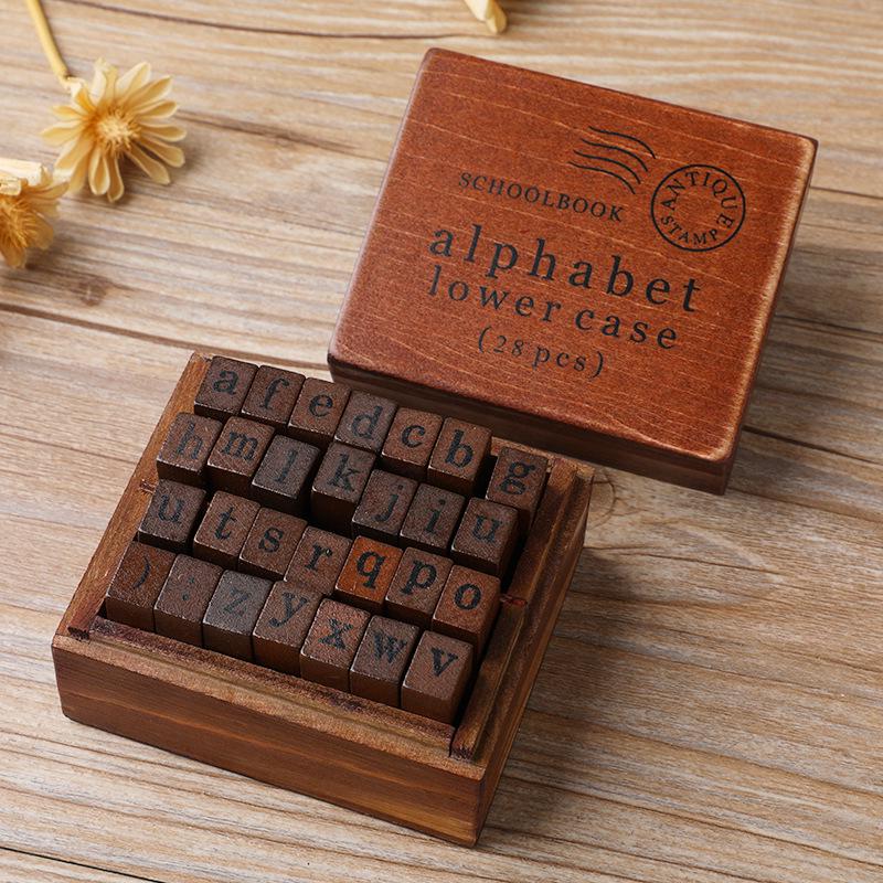 Retro Wooden Box Set: Uppercase & Lowercase English Alphabet and Number Stamps