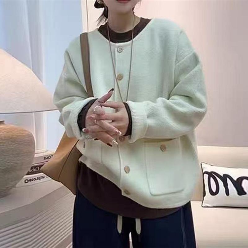 Crew neck knitted cardigan women's clothing autumn new loose and thin versatile single-breasted sweater jacket