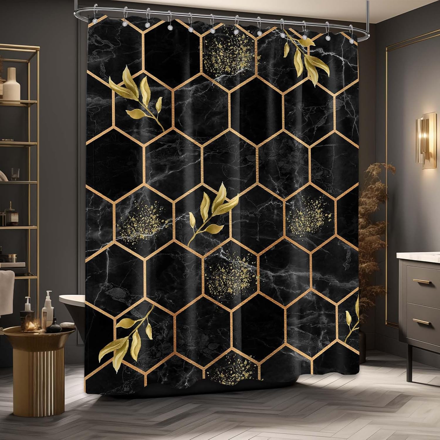 

Black And Gold Printed Shower Curtain Mustard Modern Geometric Abstract For Bathroom Decor W60H190(CM)-1 Pcs