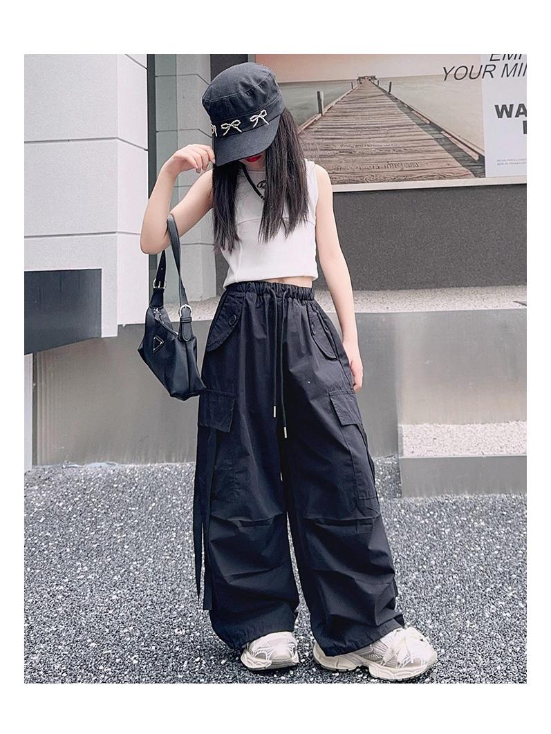 

2025 Новые летние брюки карго для девочек с акцентом из лямок - Свободный крой, Трендовый стиль для детей среднего и старшего возраста 140 cm чёрный