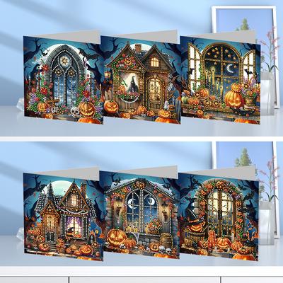 6pcs DIY Halloween Theme Diamond Painting Greeting Card Set Diamond Art Handmade Cards Creative Birthday & Thanksgiving Card Kit