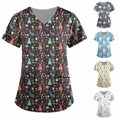 Women's Fashion Print Short-Sleeved V-Neck Caregiver Tops