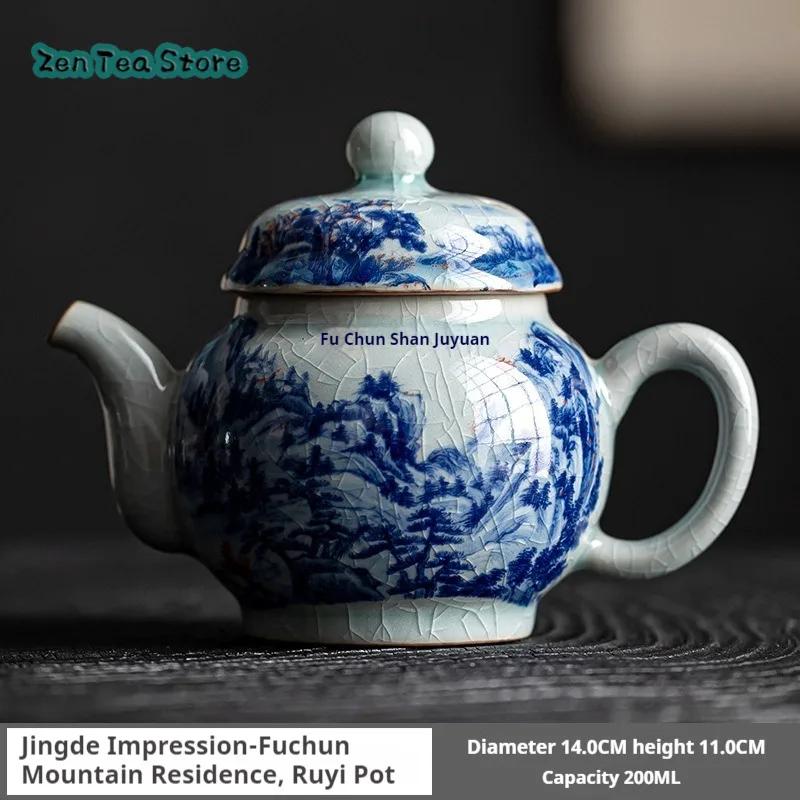 Antique Blue And White Chinese Ruyi Teapot Household Ceramic Ice Crack Glaze Old Clay Single Pot Chinese Style Kung Fu Tea Set