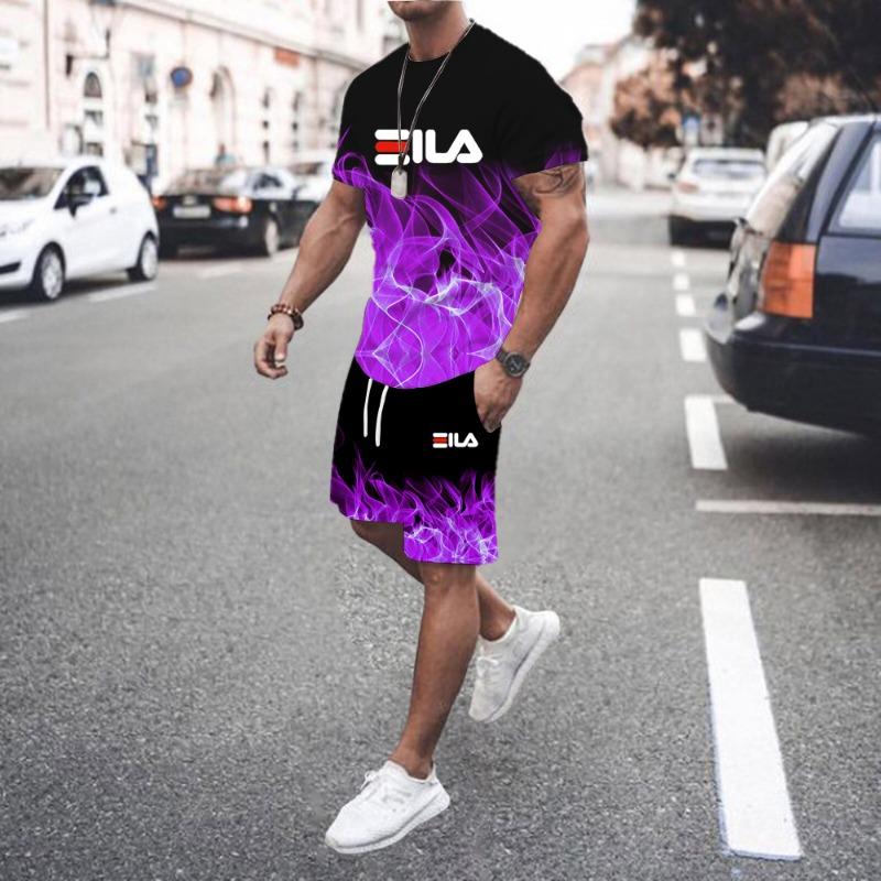 2pcs Men'S Summer Casual Lash Print Outfit Set, Crew Neck Short Sleeve